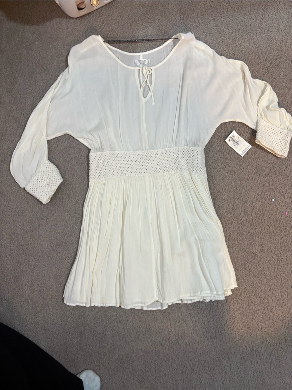Volcom Cream Boho Tie-Front Peasant Dress